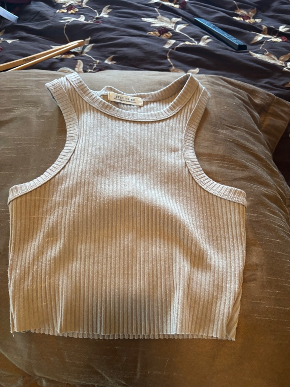 12th Tribe Ribbed Crop Tank Top in Beige